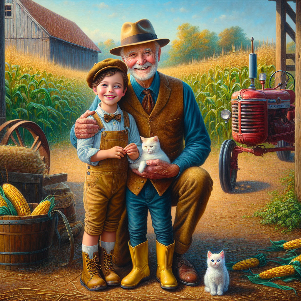 Grandfather and Boy with Kitten on a Farm