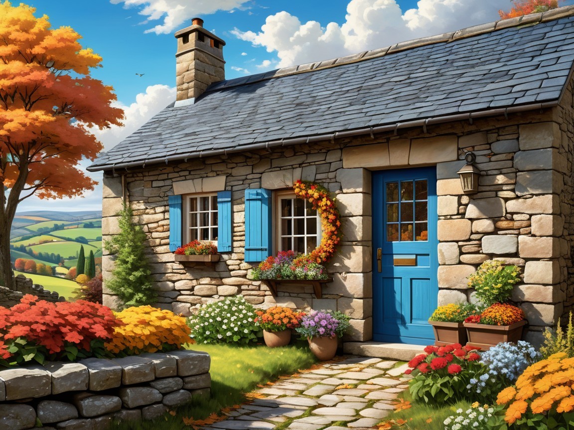 Stone Cottage Surrounded by Fall Foliage and Flowers