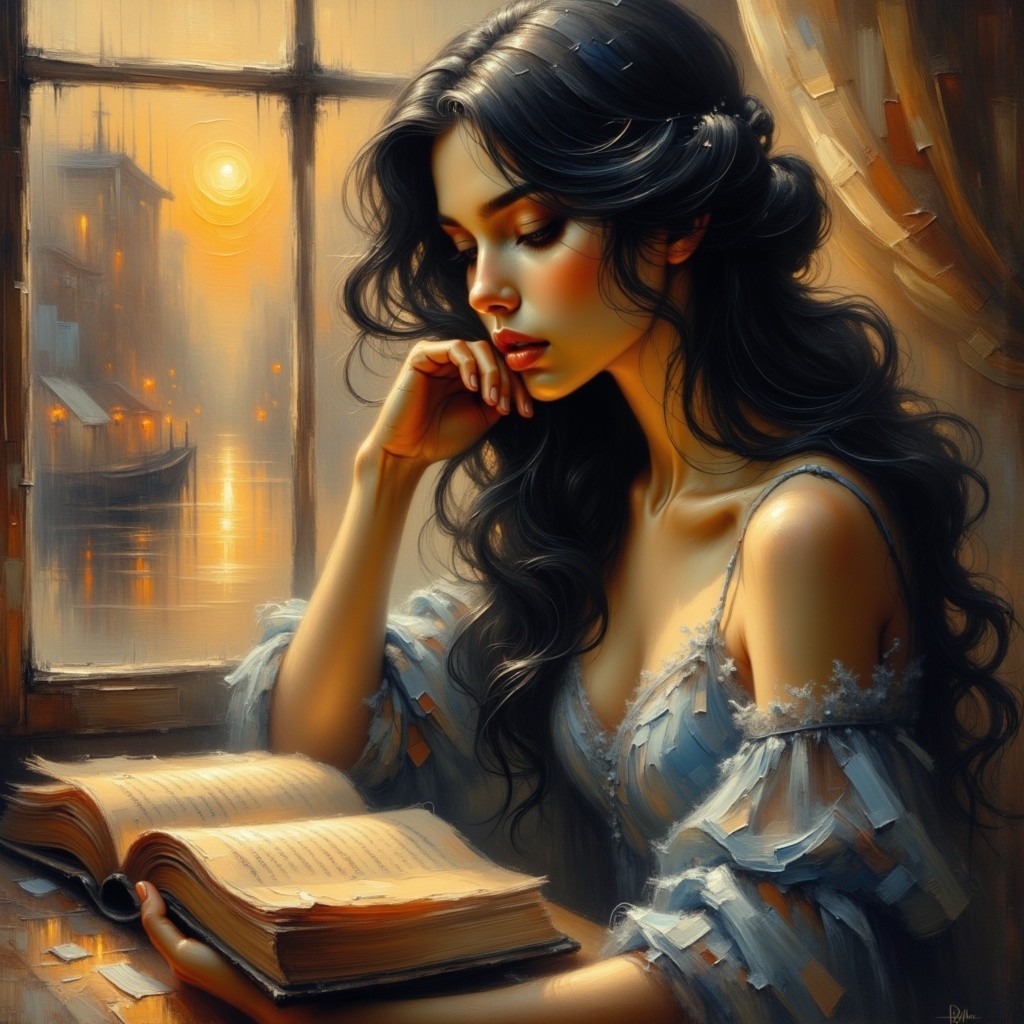 Young woman reading by a window at sunset