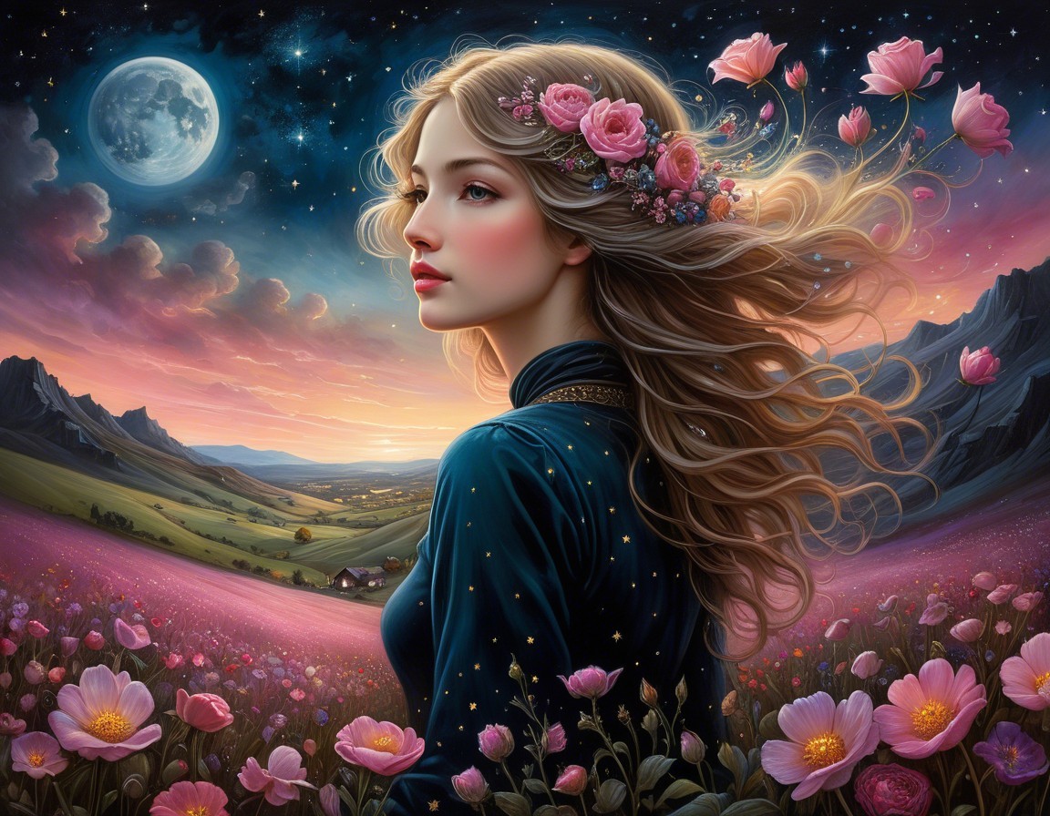 Young Woman in Blue Gown Amidst Pink Flower Field