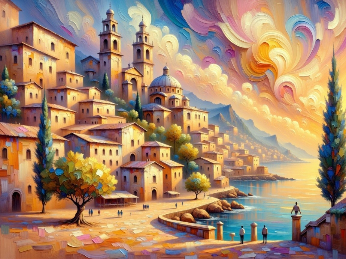 Surreal Coastal Village with Whimsical Architecture