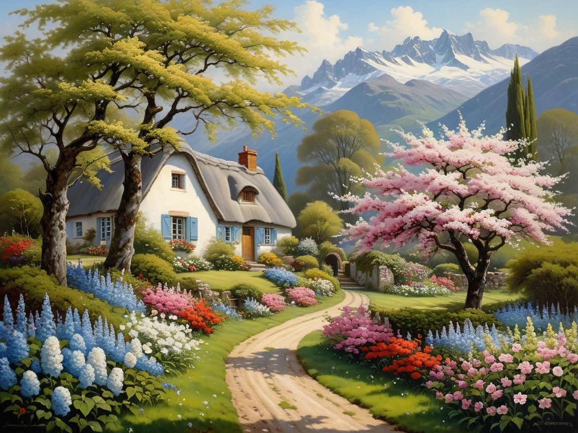 Serene countryside scene with cottage and blooming flowers