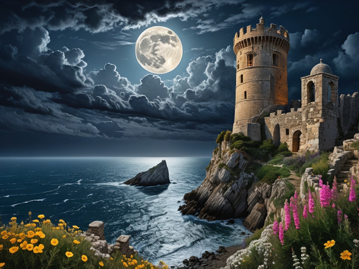 Dramatic Night Scene of Castle on Cliff with Moonlight