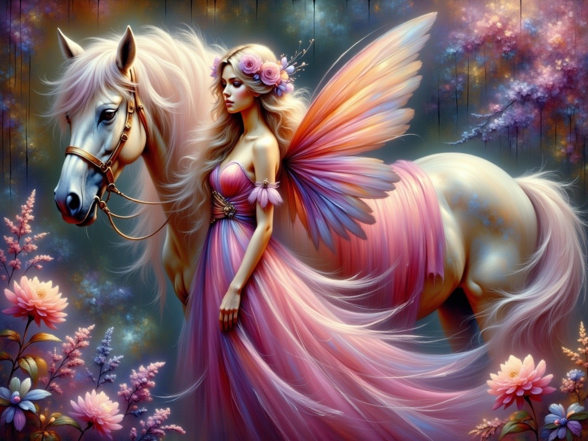Fairy with Colorful Wings Beside Adorned White Horse