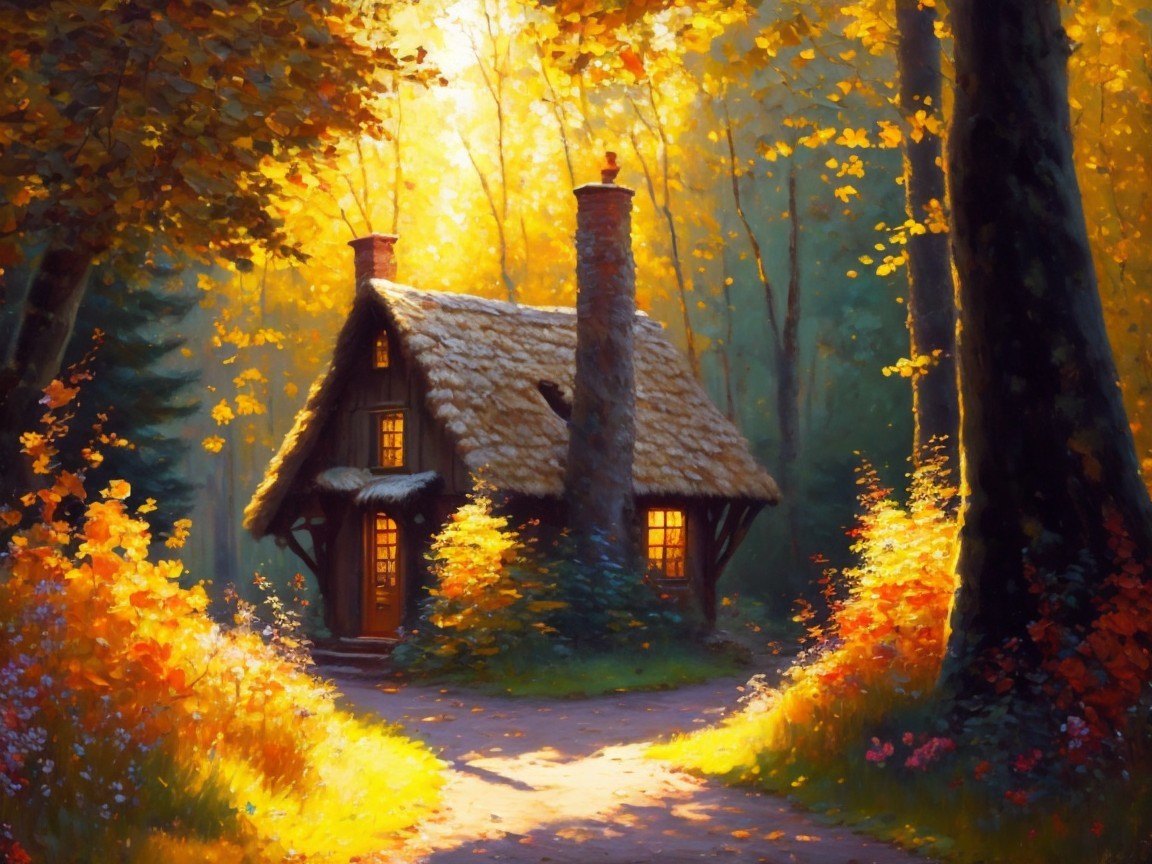Charming Cottage in Sunlit Forest with Autumn Foliage