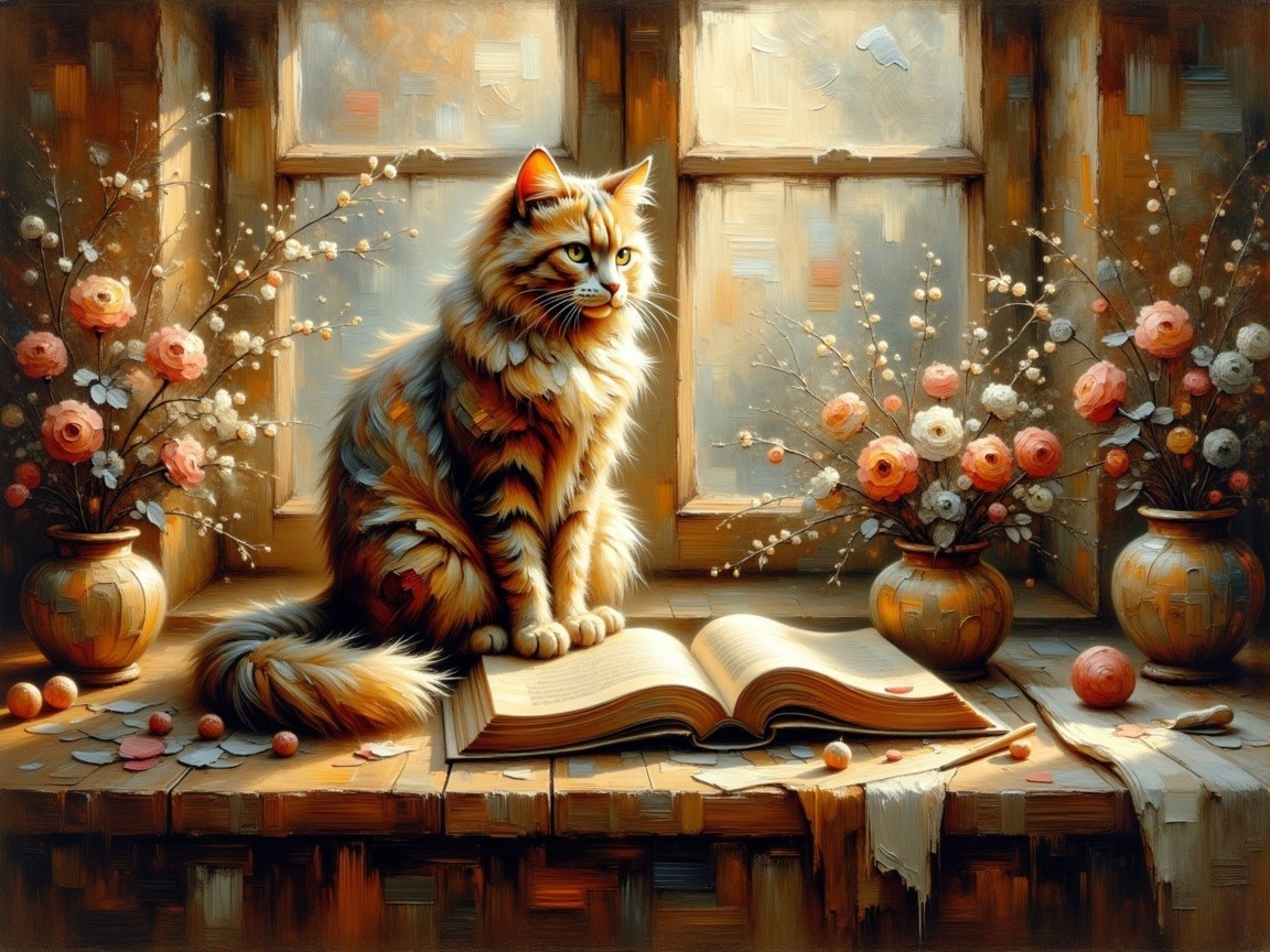Fluffy Ginger Cat on Windowsill with Flowers and Book