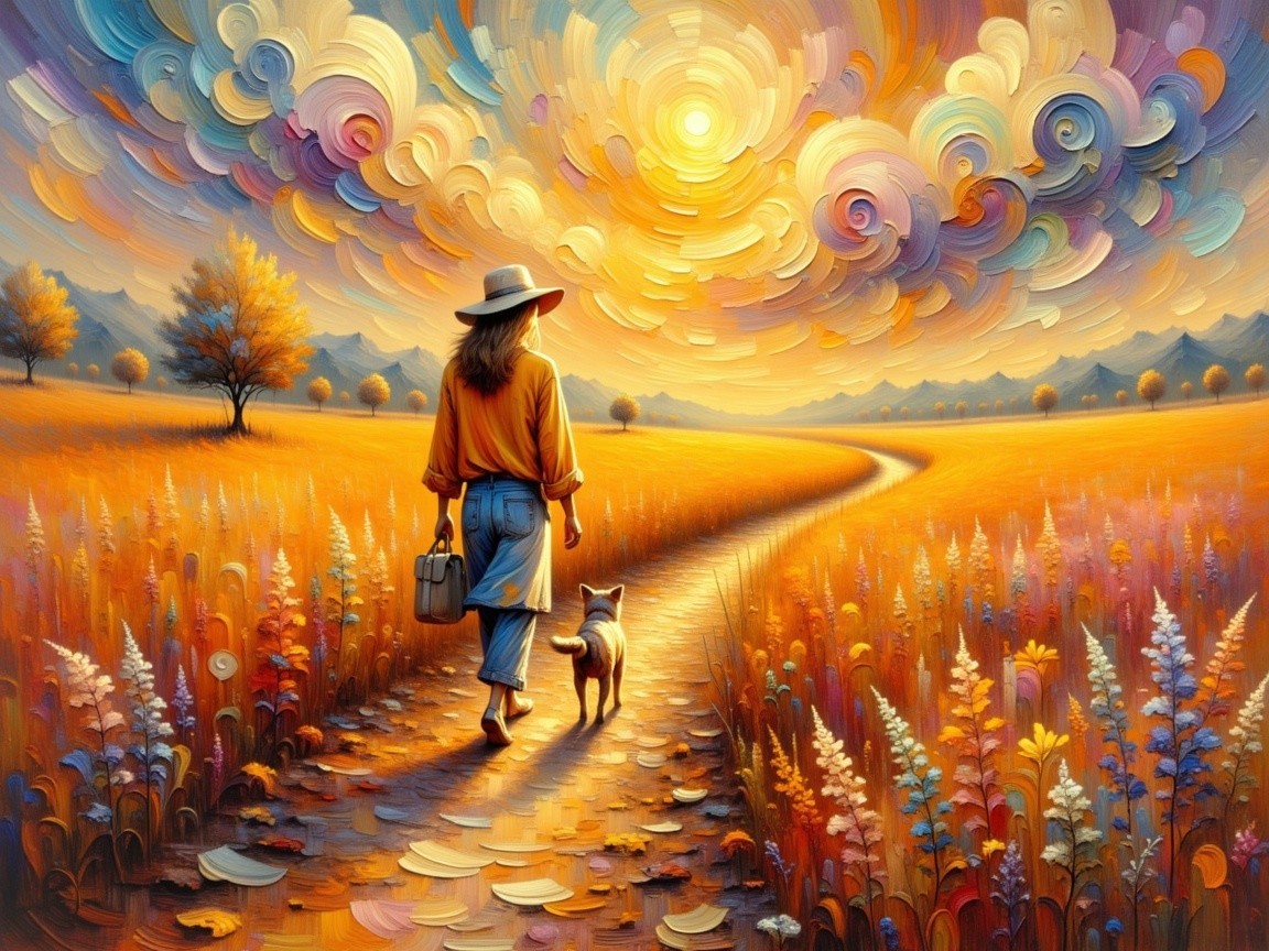 Woman and dog walking in a golden field at sunset