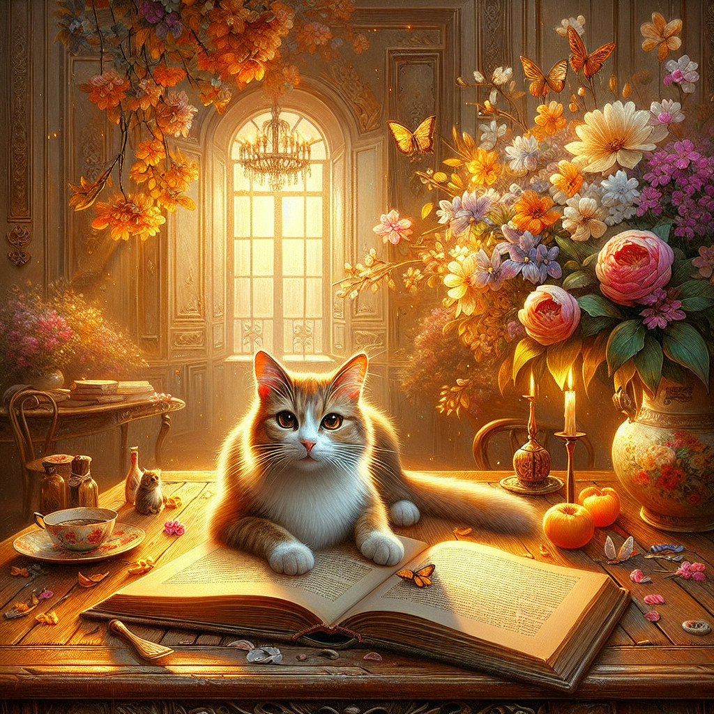 Indoor Scene with Cat, Flowers, and Sunlight