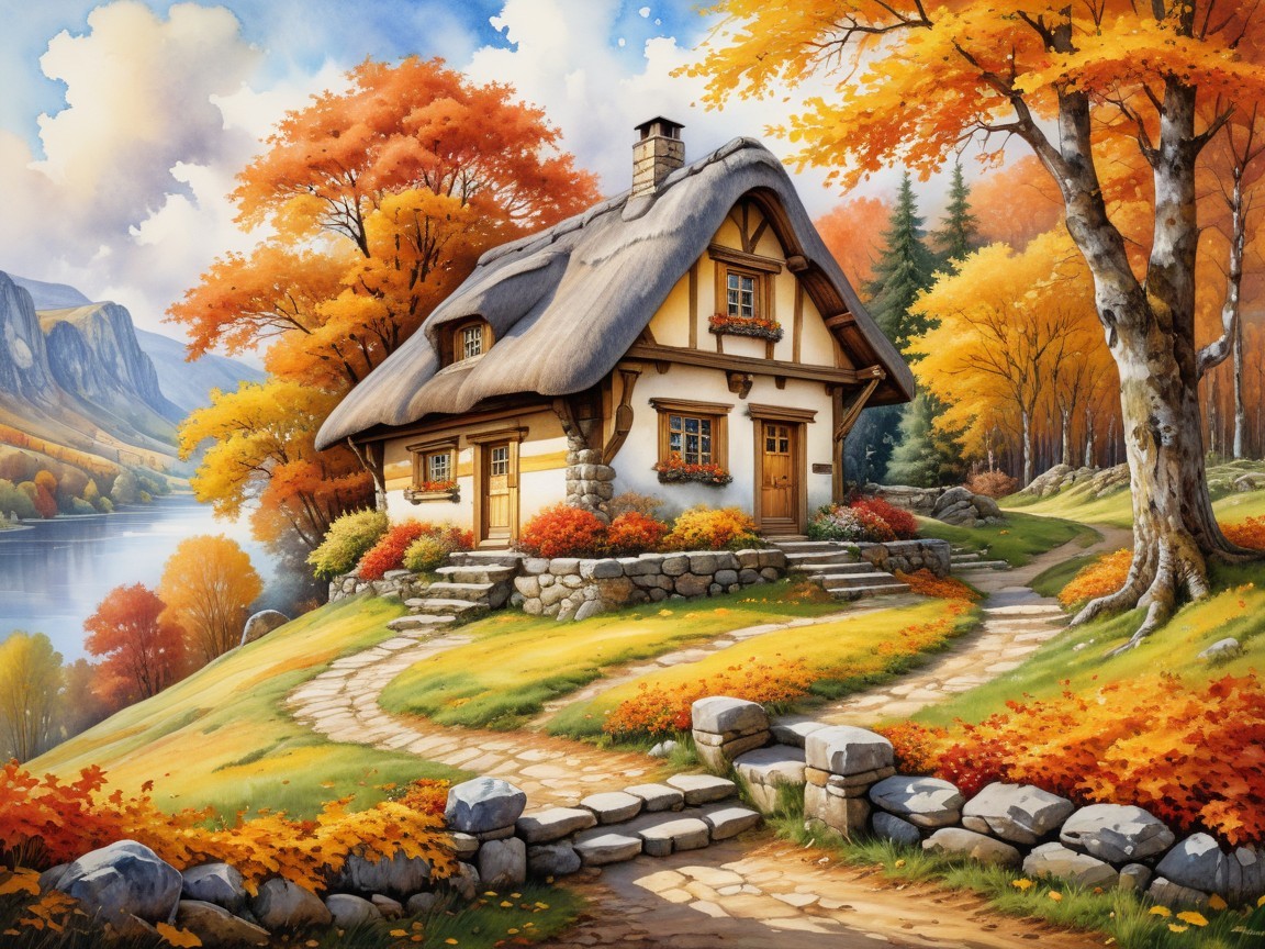 Charming Cottage Surrounded by Autumn Landscape