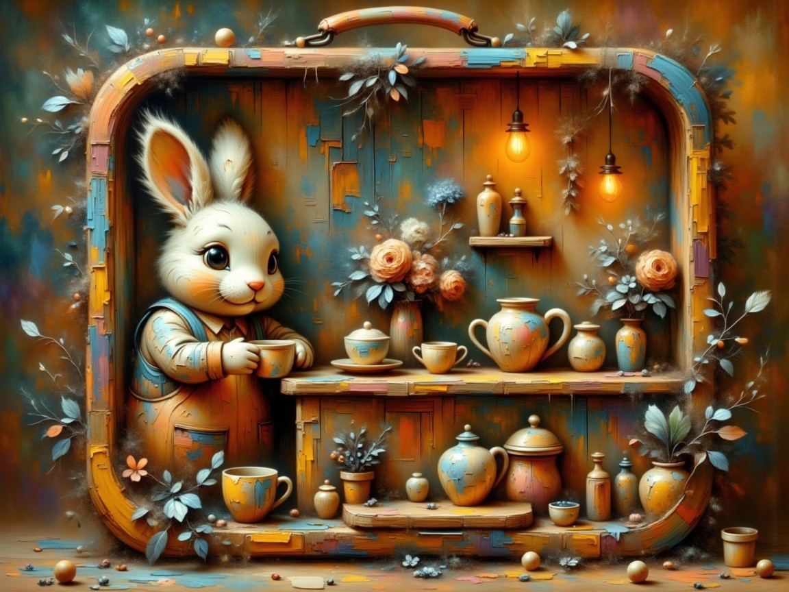 Charming Rabbit in Blue Apron with Teapots and Vases
