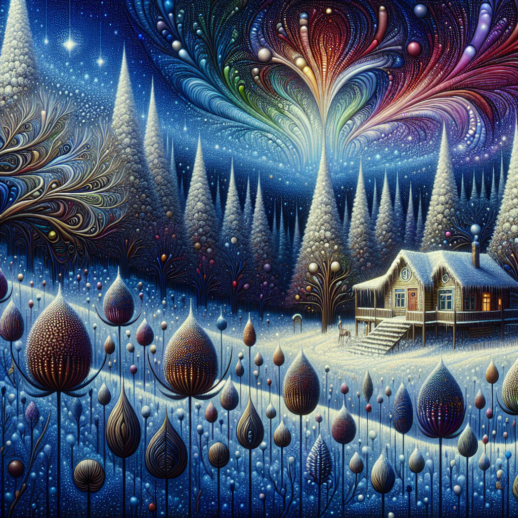 Whimsical Winter Landscape with Cozy Cabin and Colors