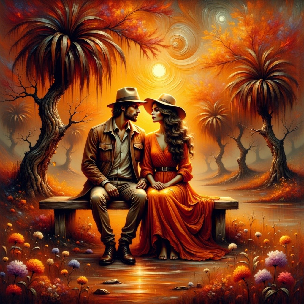 Surreal Landscape with Couple by Tranquil Waterway