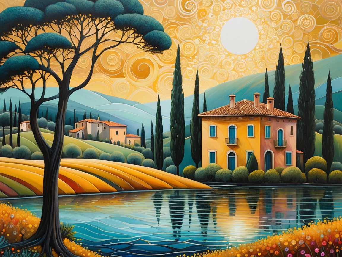 Vibrant Landscape with Serene Lake and Sunset Hues