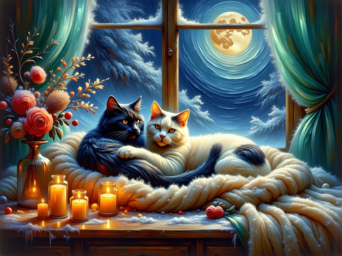 Cozy Night Scene with Cats by Candlelight and Moonlight