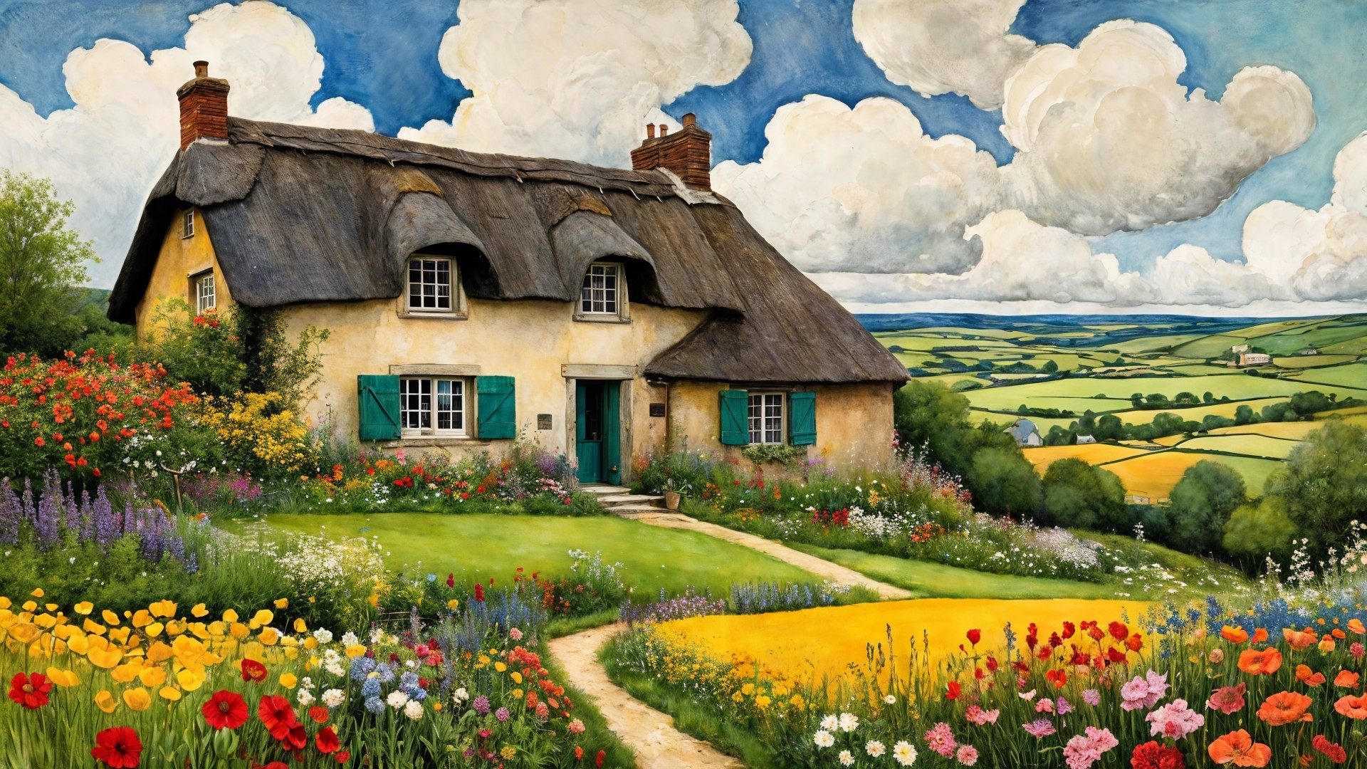 Thatched Cottage Surrounded by Vibrant Wildflowers