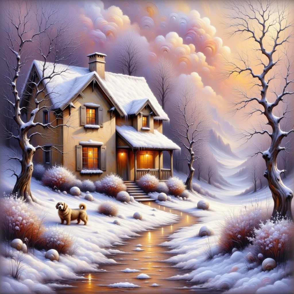 Charming Yellow House in a Winter Landscape Scene