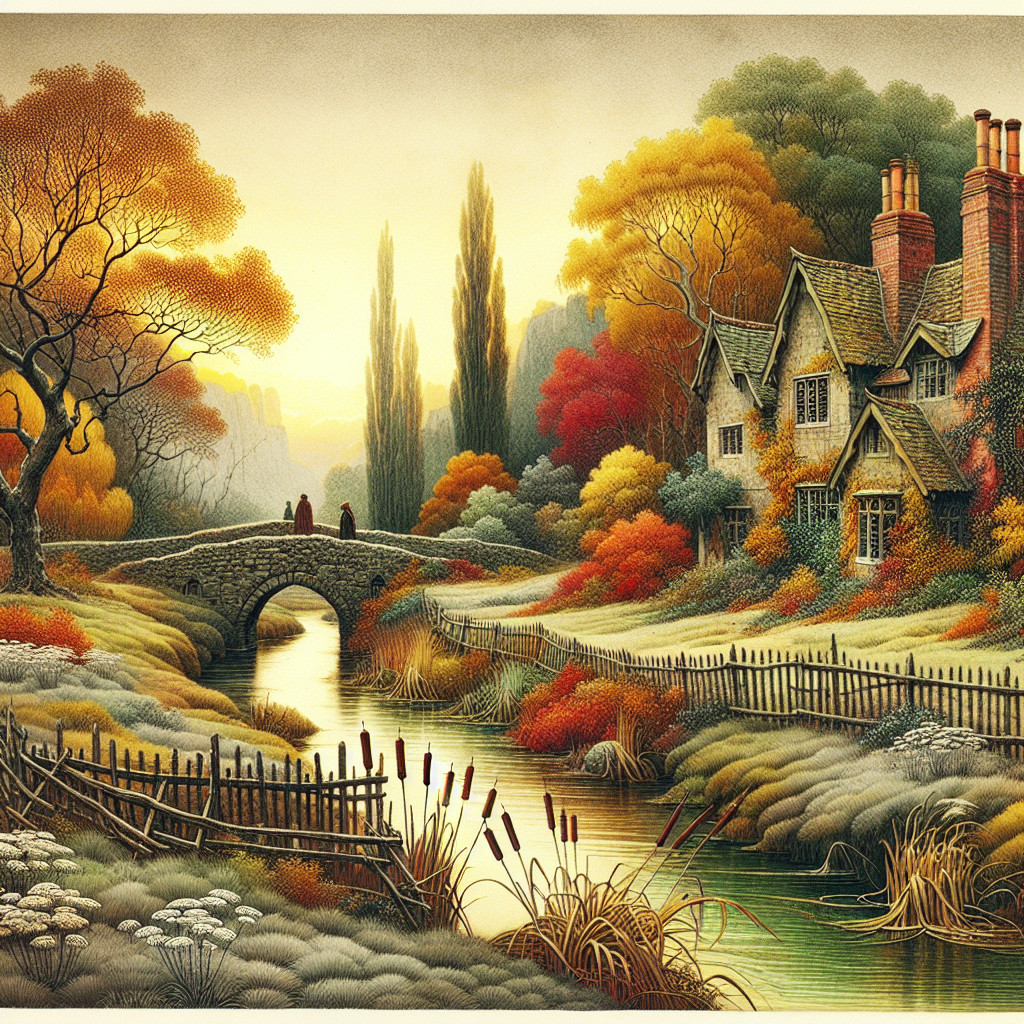 Autumn Landscape with Stone Bridge and Cozy Cottage