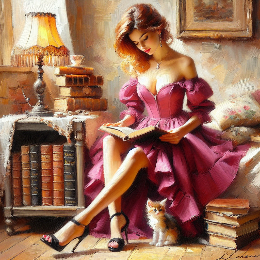 Young Woman in Pink Dress Reading in Cozy Room