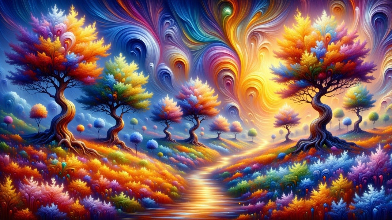 Vibrant Dreamlike Landscape with Swirling Colors