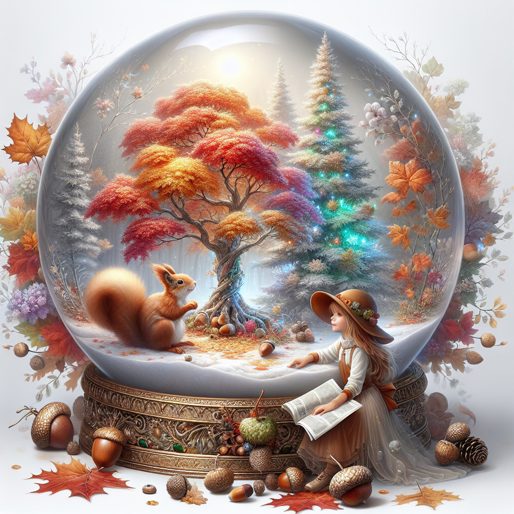 Whimsical Snow Globe Scene with Autumn Elements