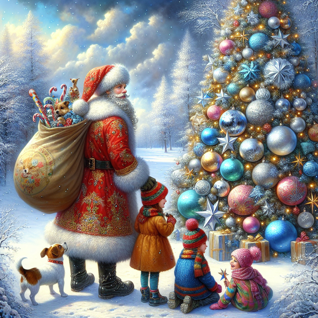 Santa Claus with Christmas tree in snowy winter scene