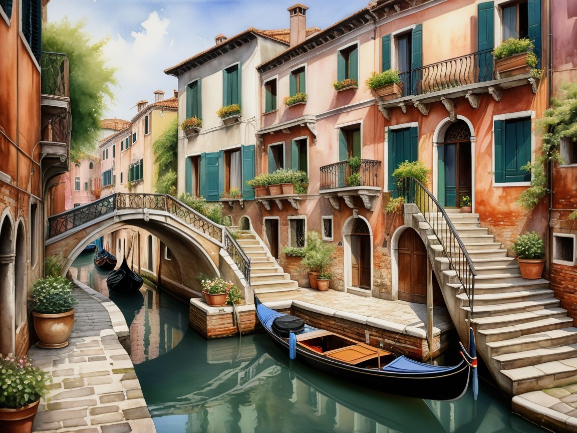 Picturesque Canal Scene with Colorful Buildings and Bridge