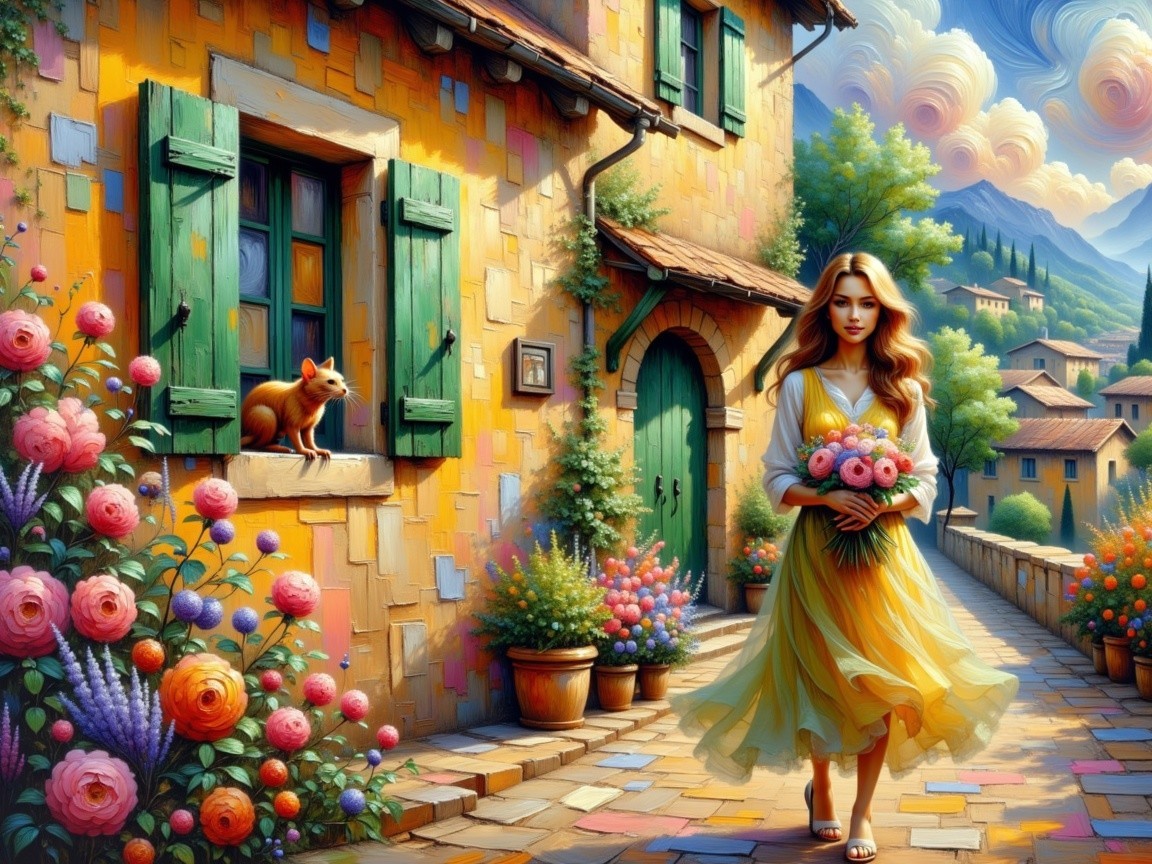 Vibrant Village Scene with Woman in Yellow Dress