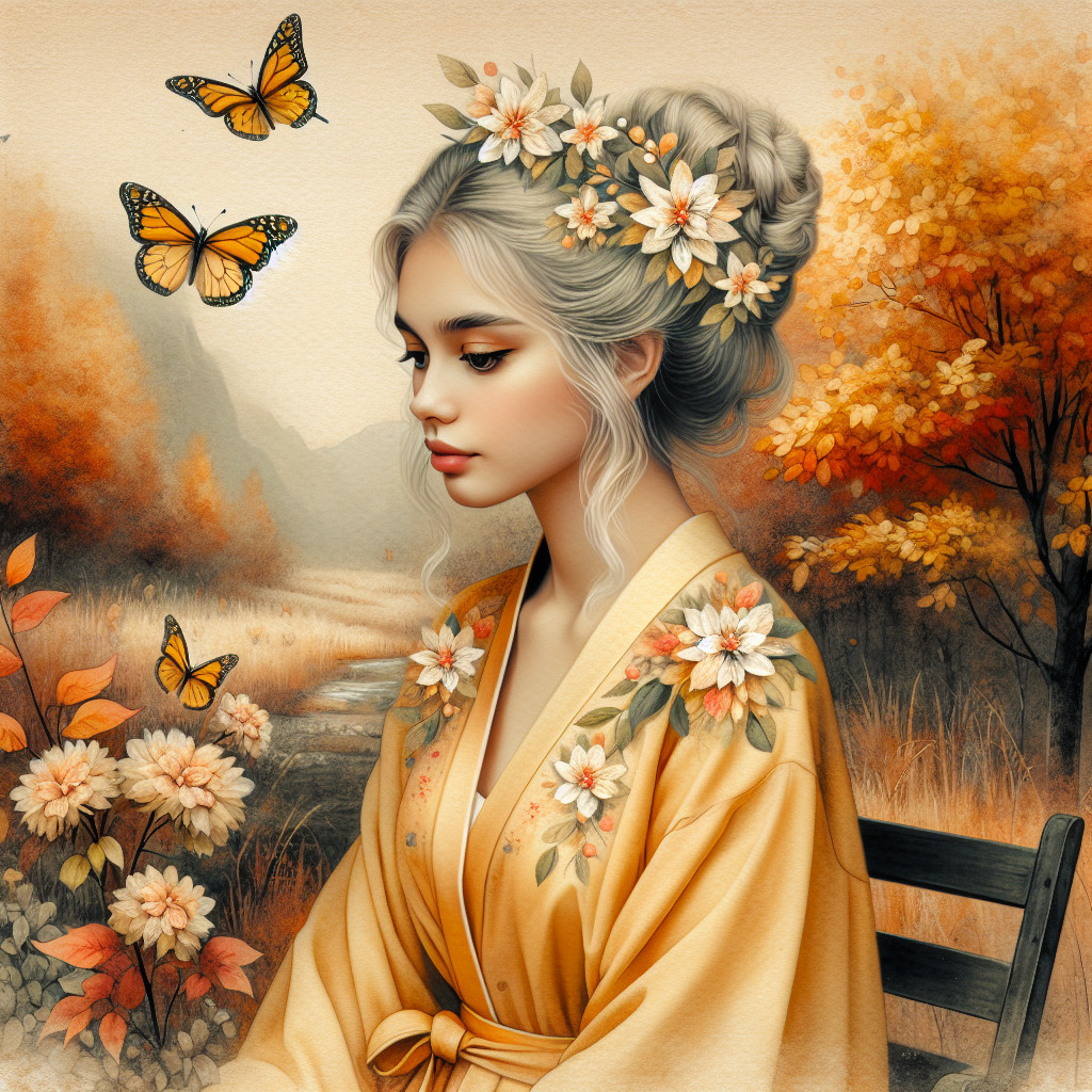 Young woman in floral robe amidst autumn landscape