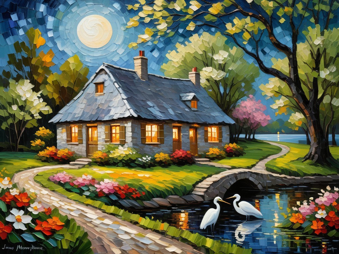 Charming cottage by serene pond with vibrant flowers