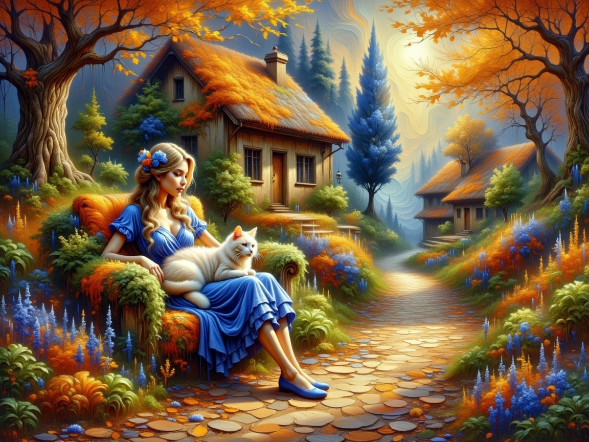 Autumn Scene with Woman, Cat, and Colorful Foliage