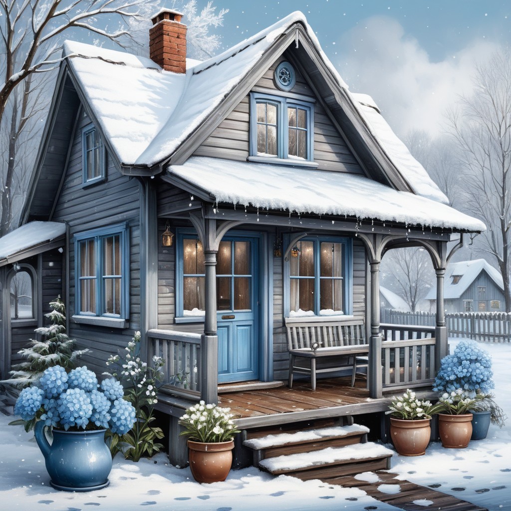 Wooden House in Winter Landscape with Cozy Features