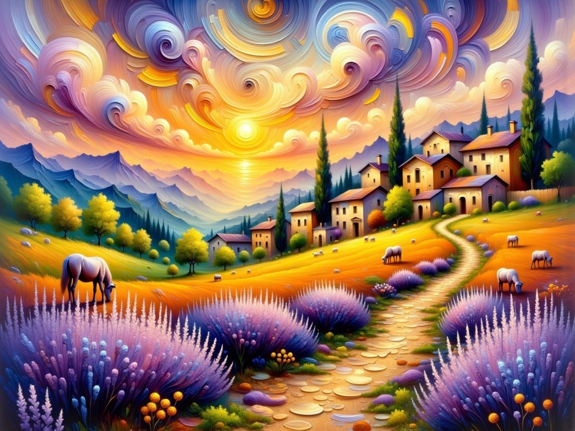 Vibrant Landscape with Sunset and Lavender Fields