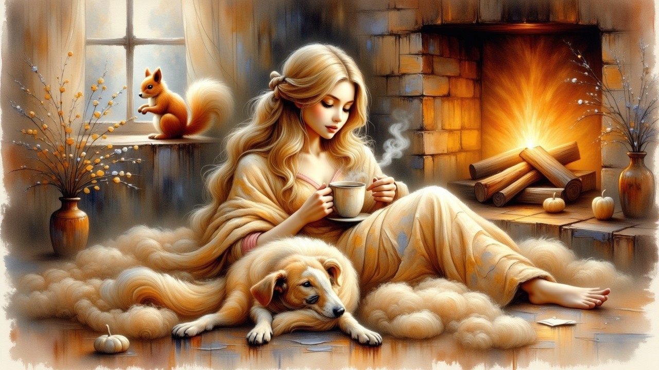 Cozy Room with Woman, Dog, and Squirrel by Fireplace