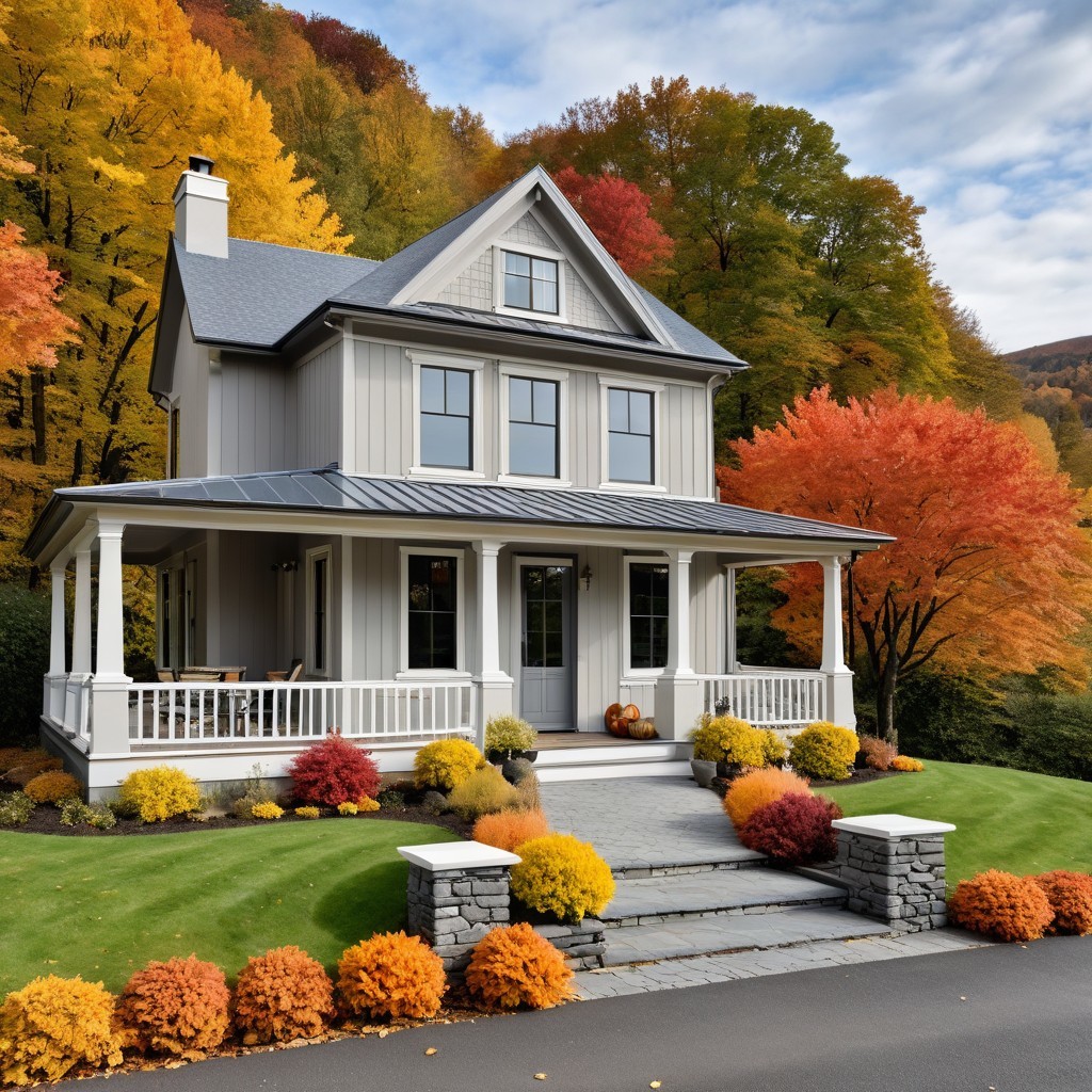 Modern House Surrounded by Autumn Foliage and Flowers