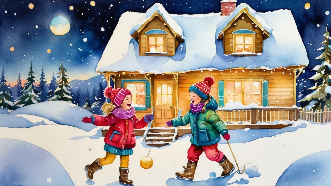 Children Playing in Snowy Winter Landscape