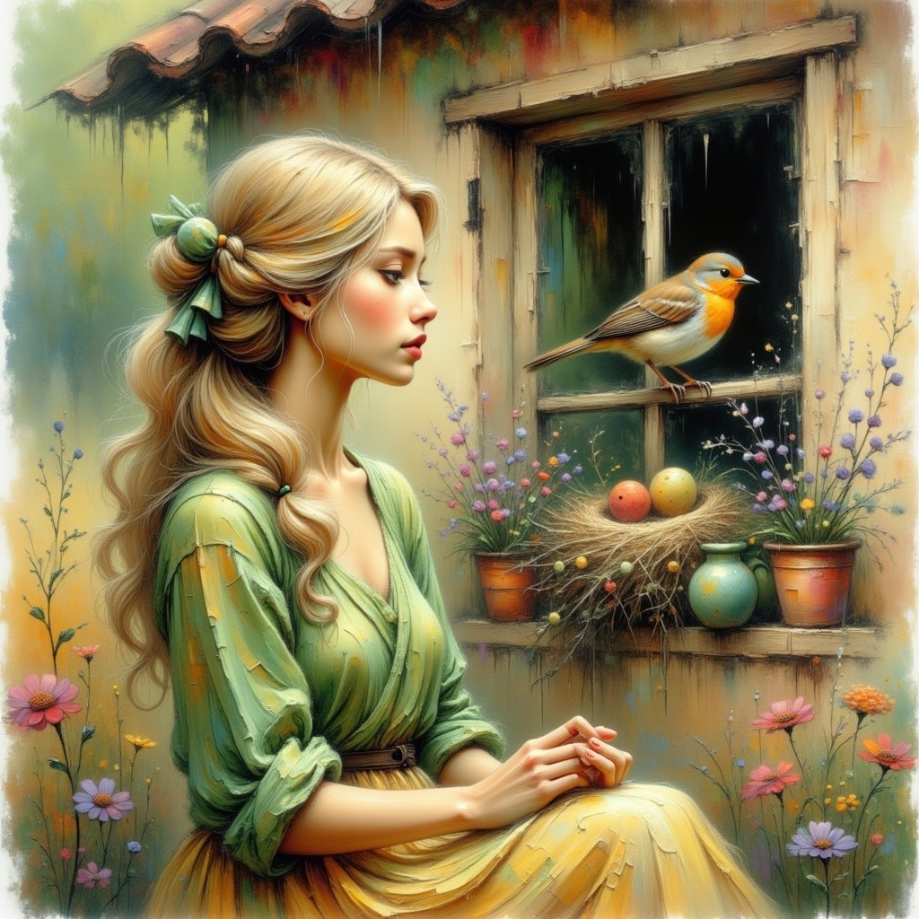 Young Woman by Rustic Window with Flowers and Nest