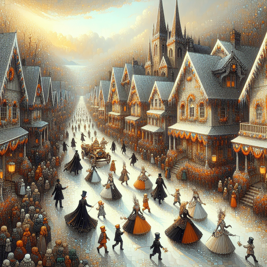 Charming Autumn Street with Festive Decorations and Figures