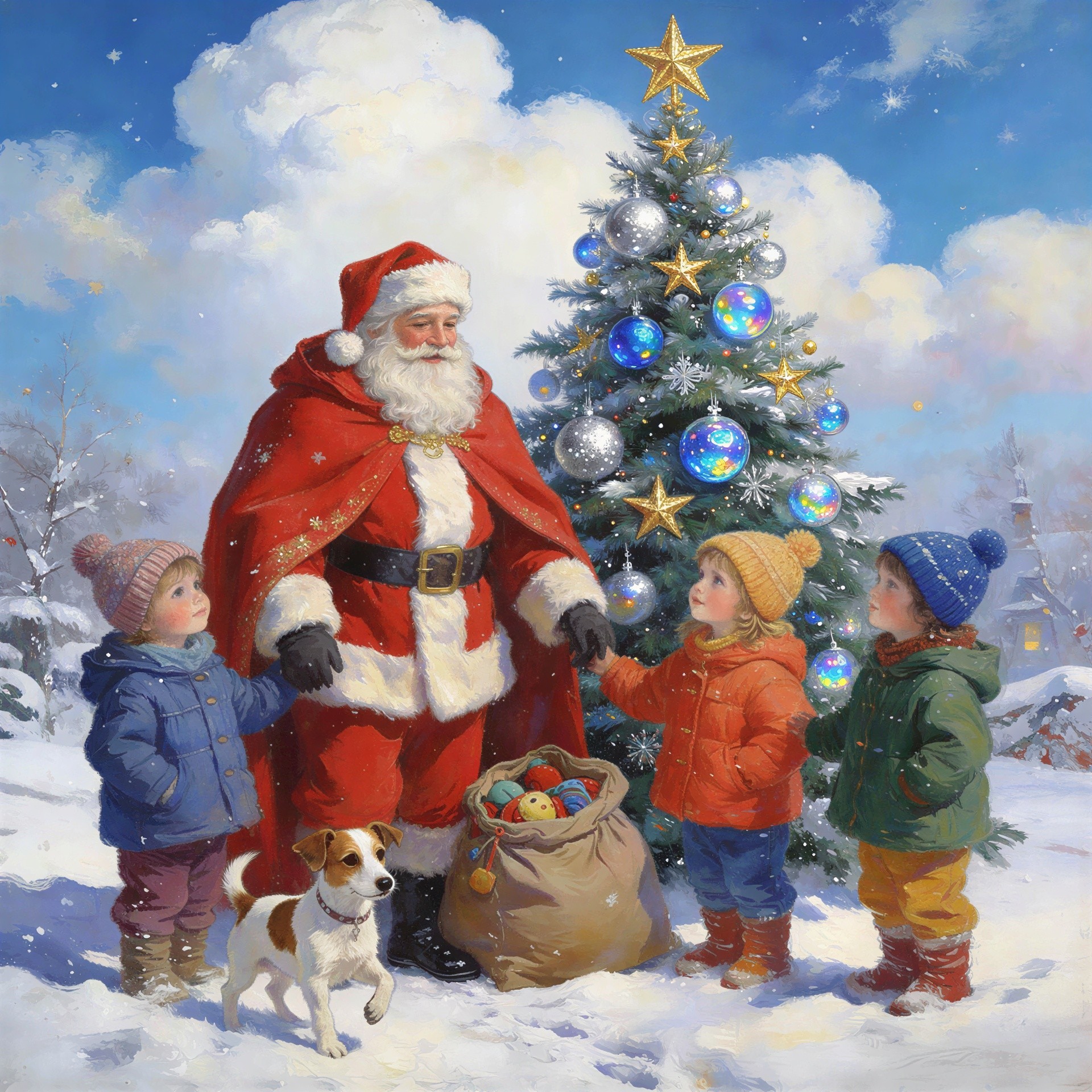 Santa Claus with Children and Terrier in Winter Scene