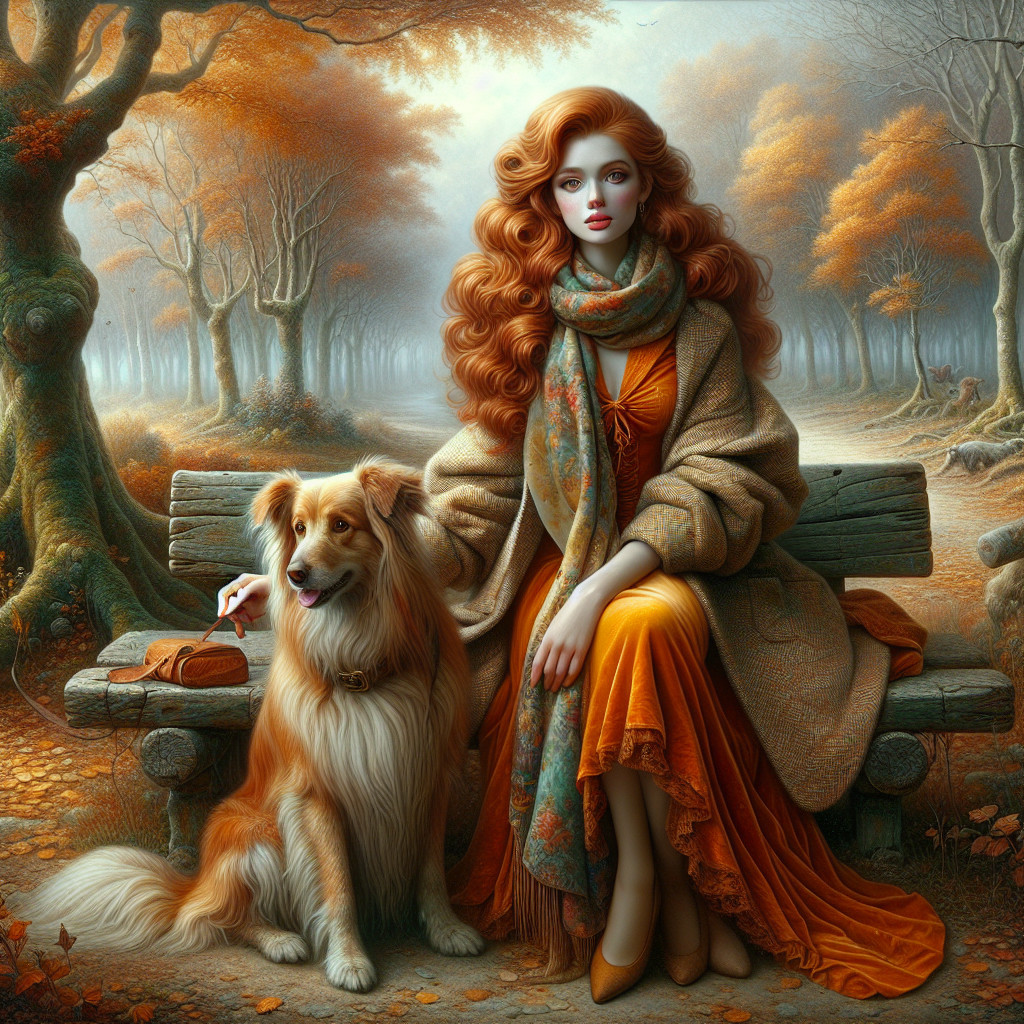 Autumn Scene with Woman, Dog, and Fall Foliage