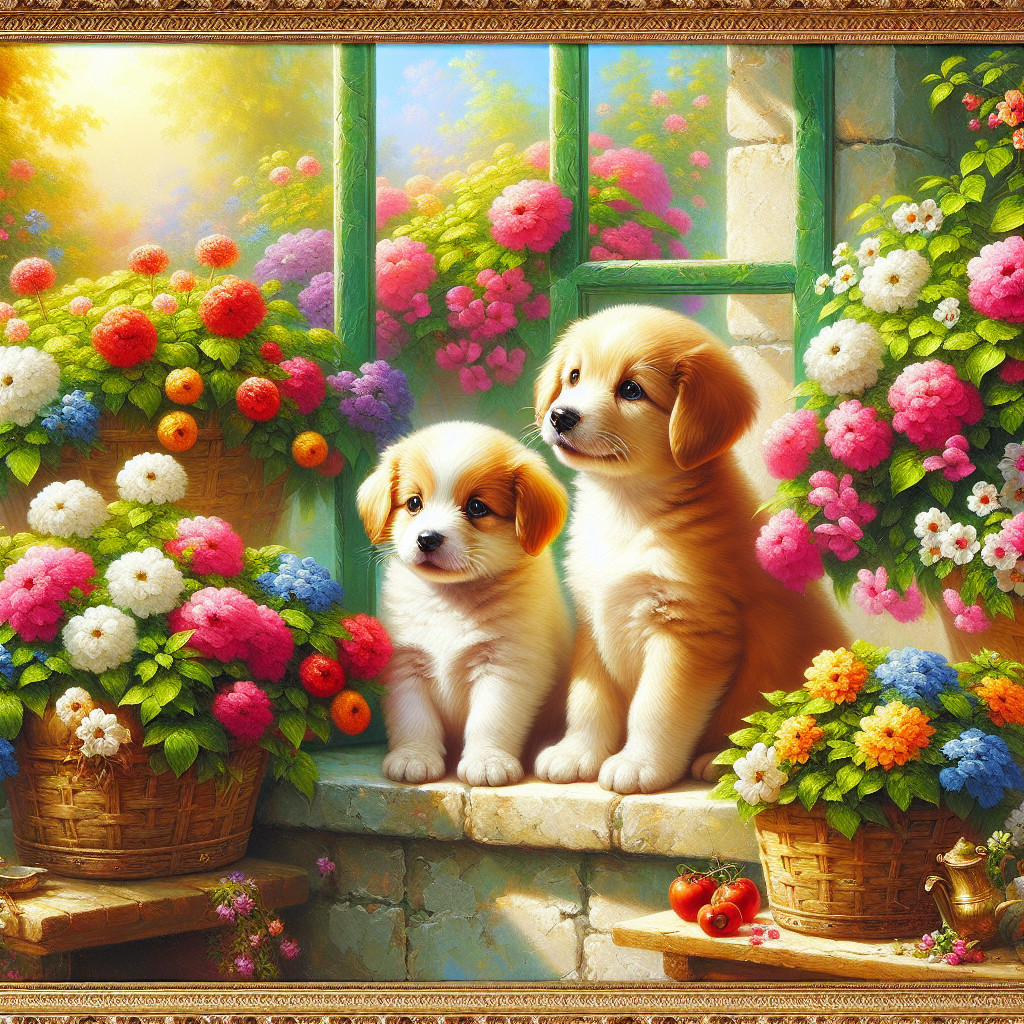 Golden Retriever Puppies Among Colorful Flower Baskets