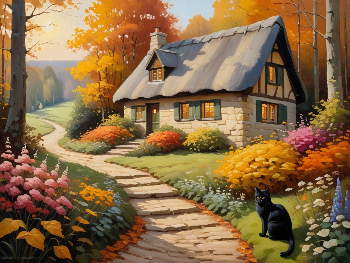 Cottage in Autumn Landscape with Colorful Foliage