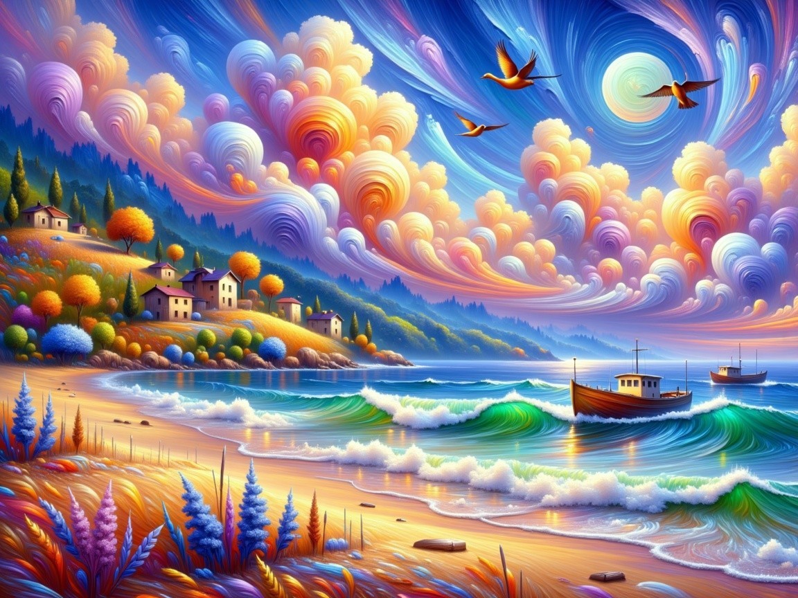 Vibrant Beach Landscape with Colorful Sky and Boats