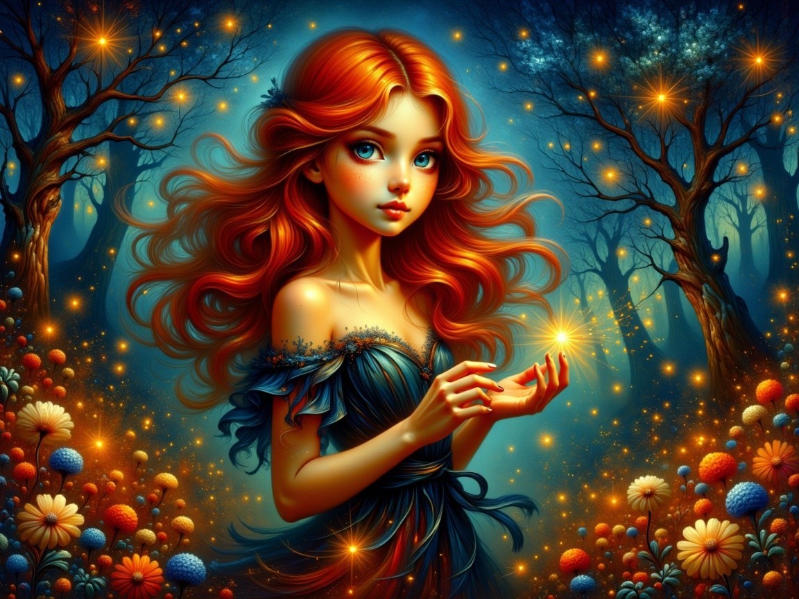 Young girl in blue dress in mystical forest setting