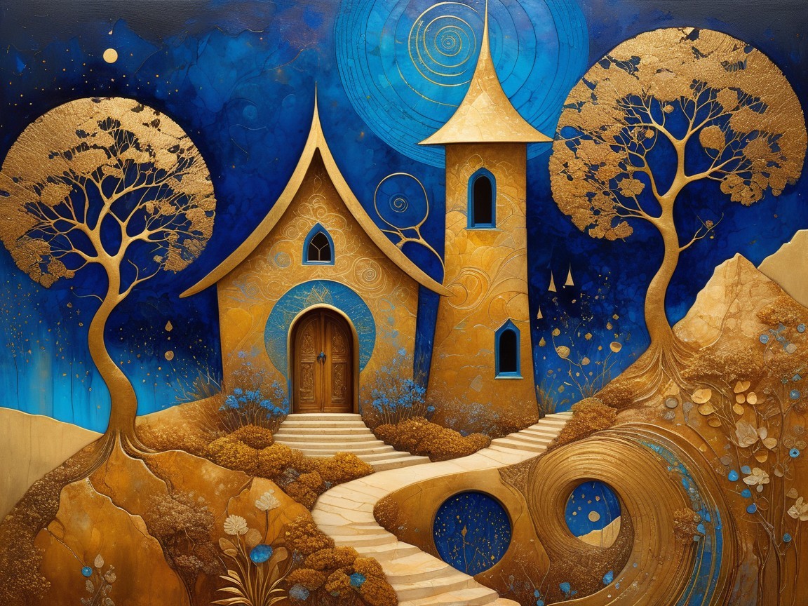 Surreal Landscape with Gold House and Towering Trees