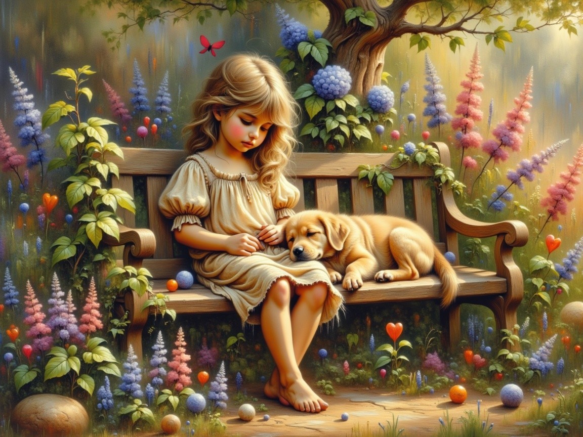 Young girl in garden with puppy and flowers