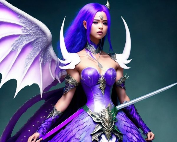 Fantasy Character with Purple Hair and White Wings