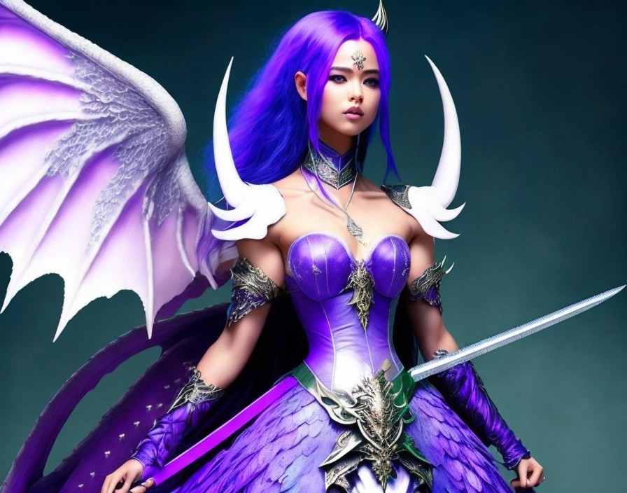 Fantasy Character with Purple Hair and White Wings
