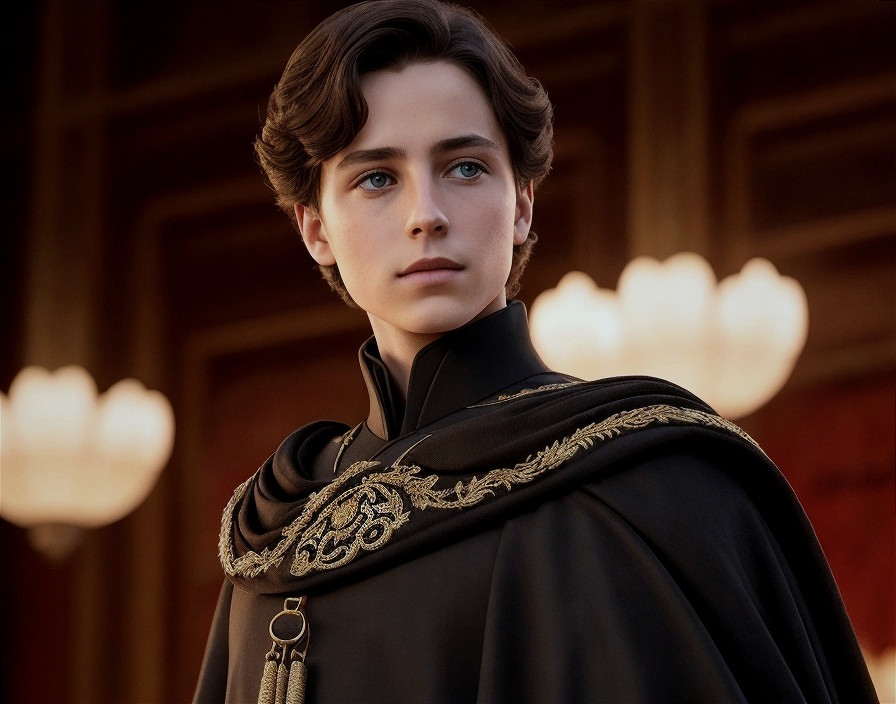 Young figure in dark cloak with gold details and lights