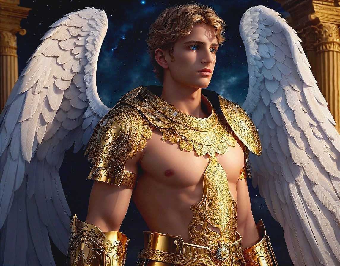 Majestic angel with golden armor and ethereal wings