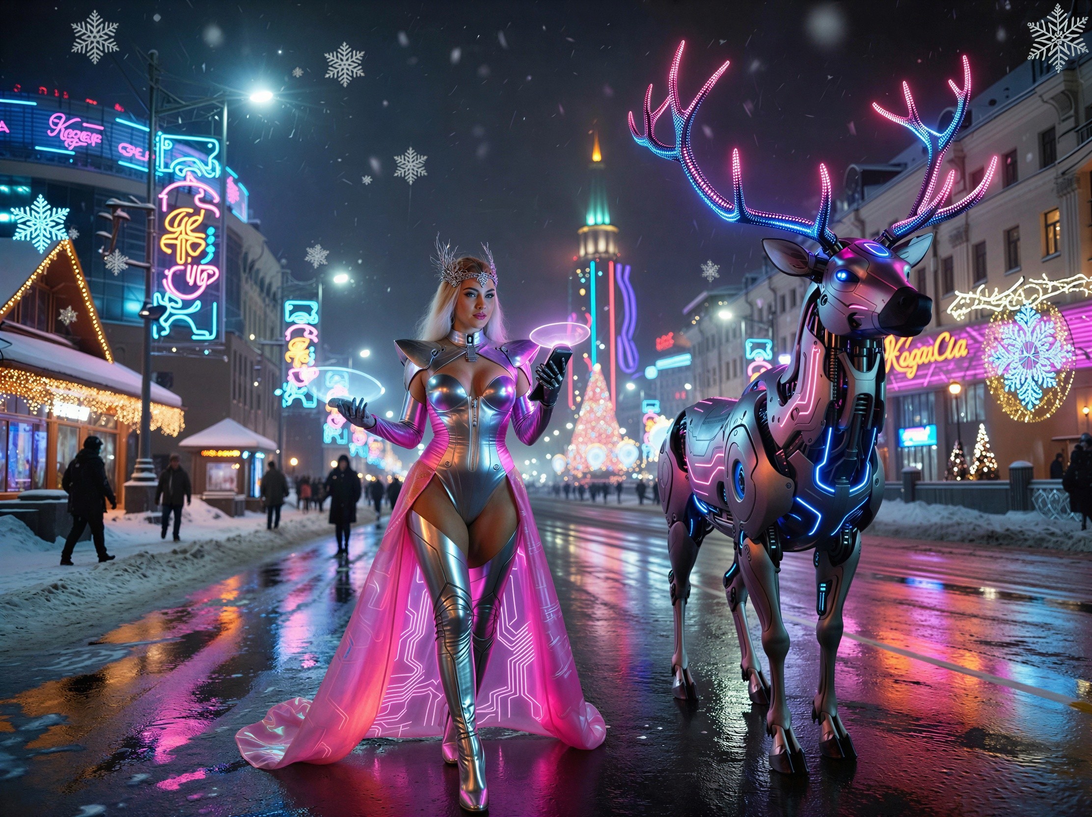 Cyberpunk Goddess in Neon-lit Winter Night Scene